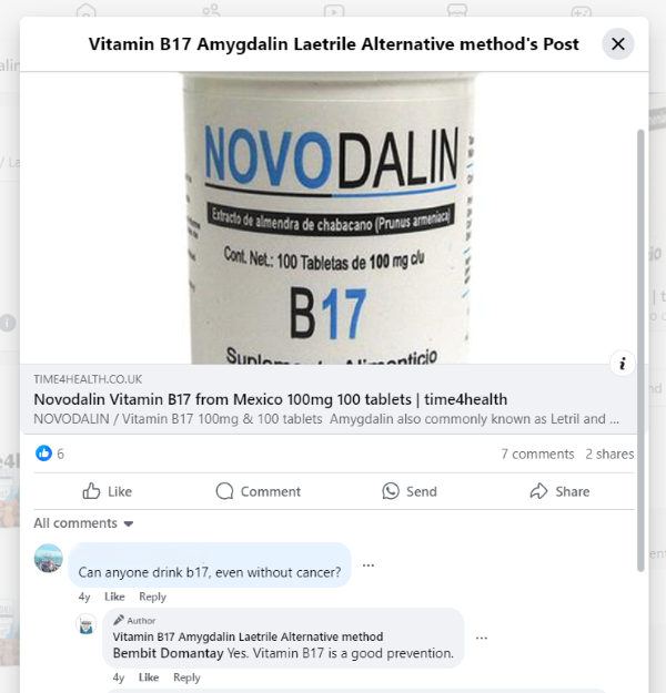 Social media post on the 'fake' vitamin B17. It is not a vitamin and is, in fact, toxic if ingested in large amounts, warns the charity Macmillan Cancer Support.