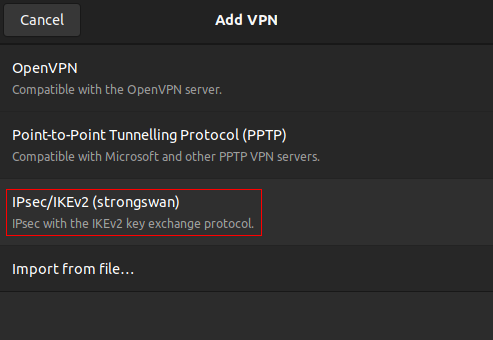 Screenshot: under "Add VPN", choose "IPsec/IKEv2 (strongswan)"