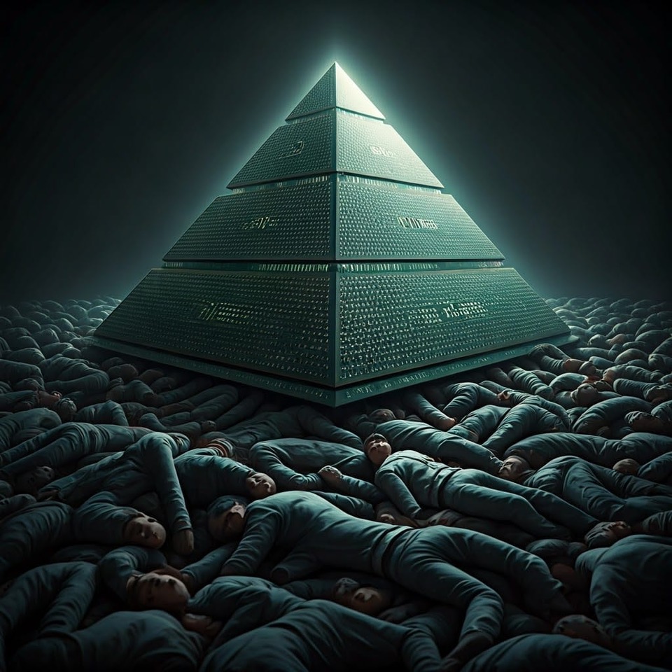 A pyramid of high technology CPUs, seen from the perspective of someone being crushed underneath it. Under the pyramid are many human bodies. Around the viewer, detailed close-up of diverse people heaped on more bodies. 