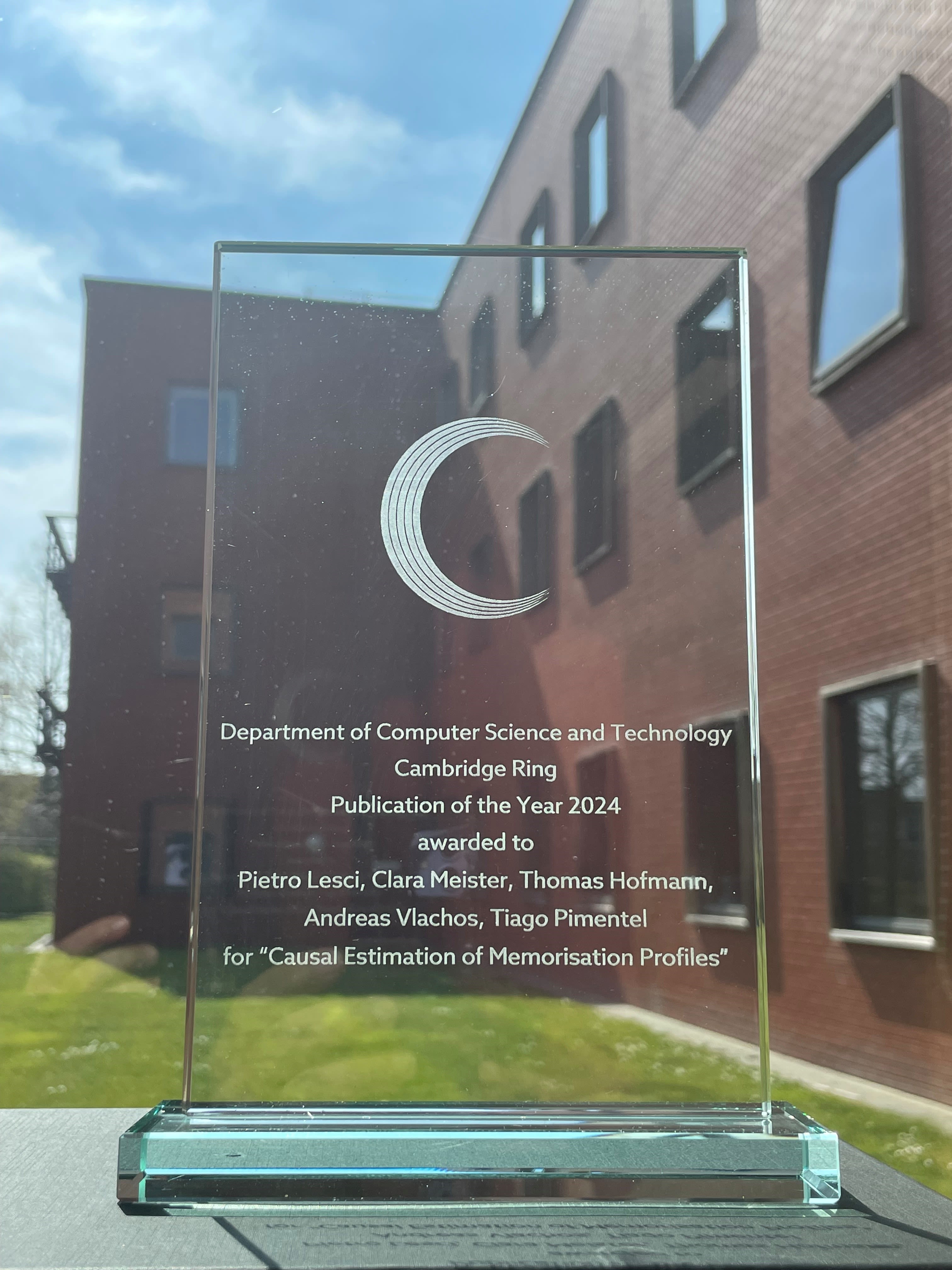 Publication of the Year was awarded to 'Causal Estimation of Memorisation Profiles'.