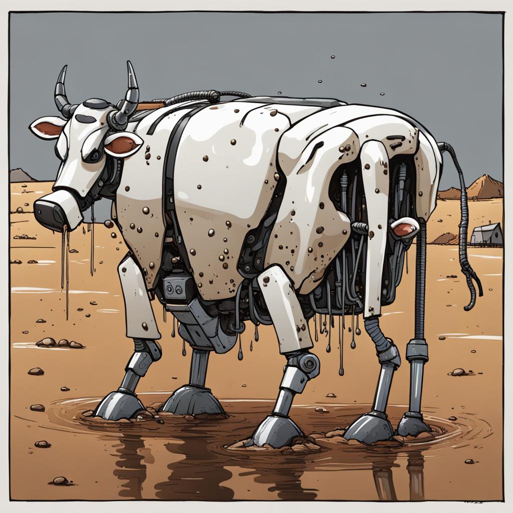 Robot cow in a flood of bullshit