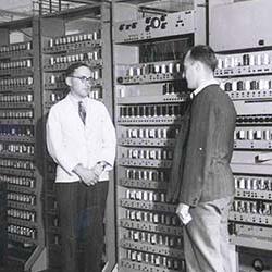 Image shows Prof Maurice Wilkes with EDSAC